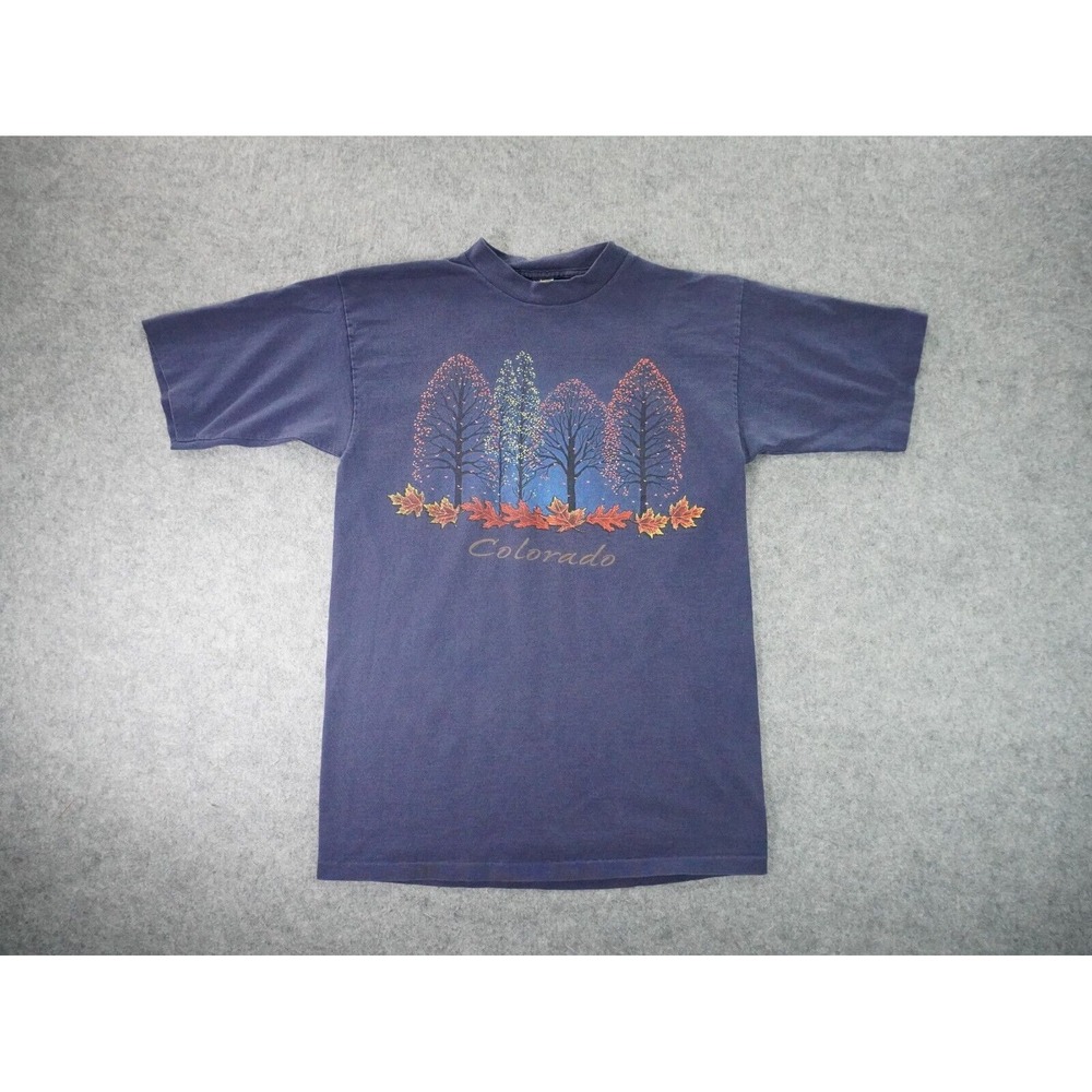 Vintage Prairie Mountain Shirt Mens Medium Blue Short Sleeve Colorado Leafs Tree